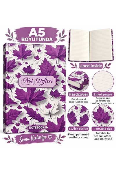 TOMBİ-X A5 Lined Notebook Hard Cover Patterned Journal Notebook Leaf Pattern