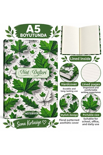TOMBİ-X A5 Lined Notebook Hard Cover Patterned Journal Notebook Leaf Pattern