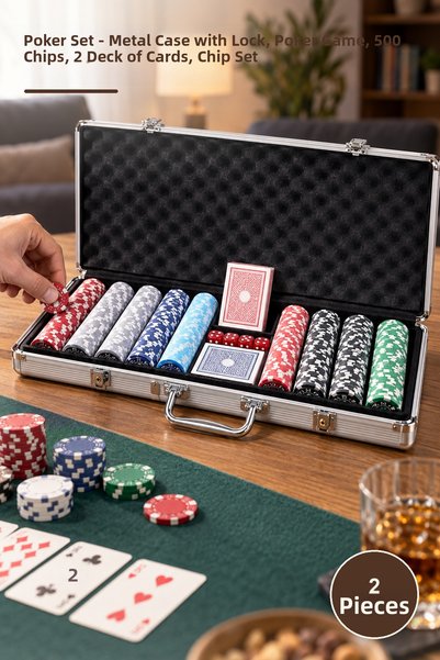 Yenilig 2 Piece Poker Set – Lockable Poker Game with Metal Case 500 Chips 2 P...