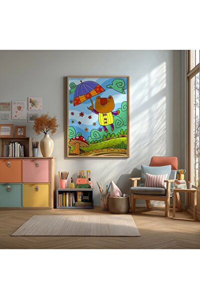 KEYFHOME Umbrelă Urs Color Fairy Tale Încadrat MDF Tablou Poster Cameră Copii...
