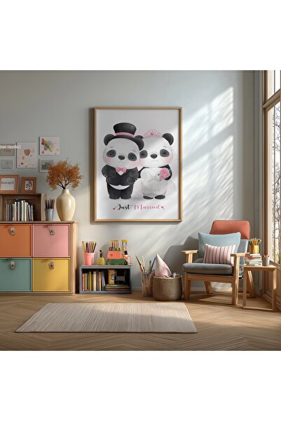KEYFHOME Panda îndrăgostită înrămată MDF Tablou Poster pentru camera copiilor...