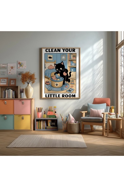KEYFHOME Poster de pictură pe MDF cu textul „Curăță-ți camera” și pisică, cad...
