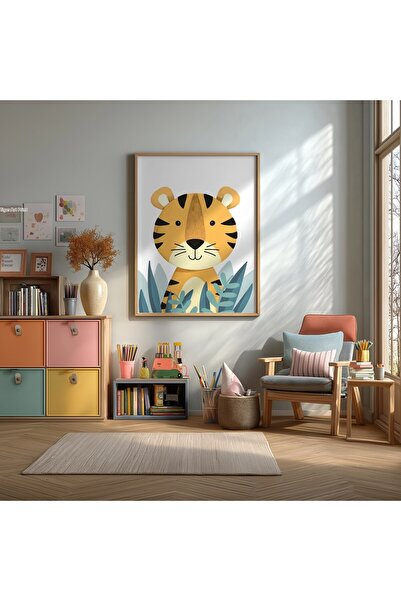KEYFHOME Poster de pictură MDF cu ramă portocalie cu tigru drăguț, cadou deco...