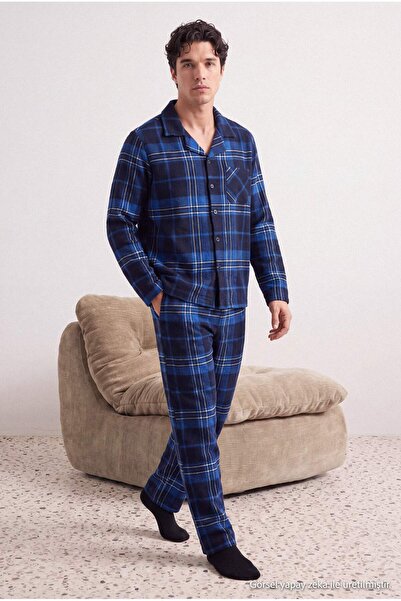 Trendyol Collection Set de pijamale țesute, albastru marin, în carouri, de gr...