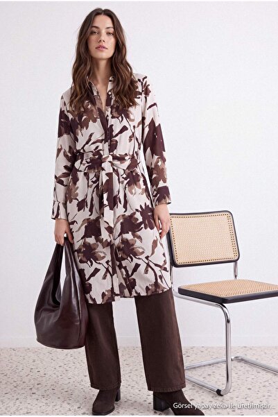 Trendyol Modest Kahverengi Oversize Çiçekli Viskon Uzun Tunik Gömlek TCTAW27T...