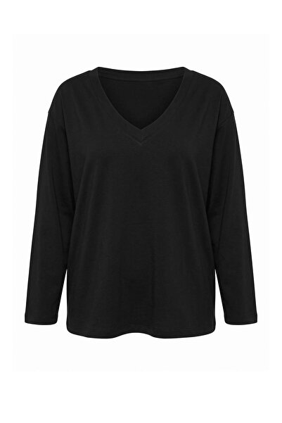 Trendyol Curve Tricou negru, 100% bumbac gros, cu decolteu în V, supradimensi...
