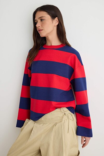 Trendyol Kollektion Marineblau-rot gestreiftes, übergroßes Strick-Sweatshirt ...