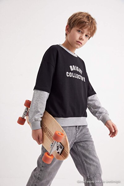 TRENDYOLKIDS Schwarzes bedrucktes Strick-Sweatshirt für Jungen TKDAW27SW00066