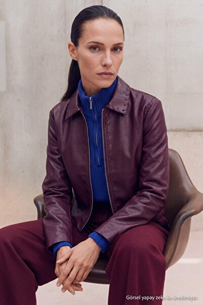 Trendyol Collection Plum Regular Fit Faux Leather Jacket with Stitching Detai...
