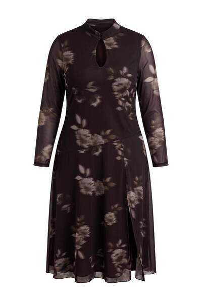 Trendyol Curve Rochie maro cu guler Hakim, cu model floral, din tul tricotat,...