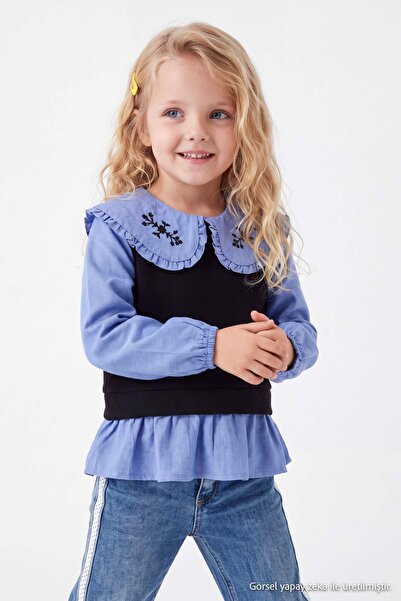 TRENDYOLKIDS Синя детска риза с бродирана яка и дълъг ръкав iKz TKDAW27GO00014