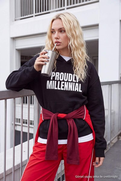 Trendyol Collection Black Slogan Printed Hooded Oversize/Wide Cut Knitted Swe...