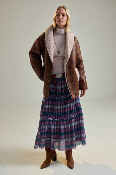 Trendyol Collection Brown Oversize Shawl Collar Plush Detailed Coat Twoaw27Mo...