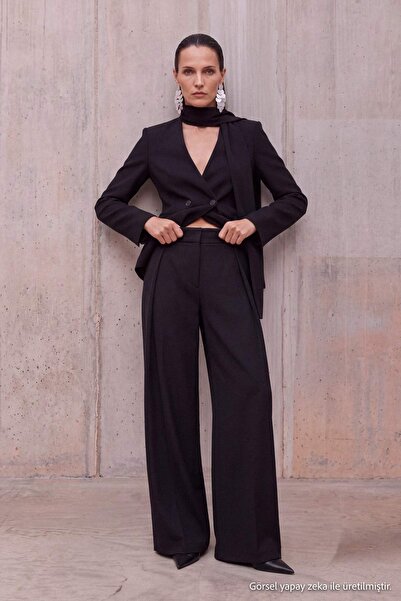 TRENDYOLMİLLA Siyah Trendyol Studio Nervürlü Wide Leg Kumaş Pantolon TWOAW27P...