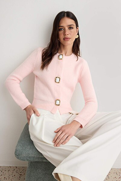 Trendyol Collection Powder Soft Textured Crew Neck Jewel Buttoned Knitwear Ca...