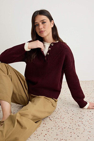 Trendyol Collection Burgundy Soft Textured Basic Half Placket Knitwear Sweate...