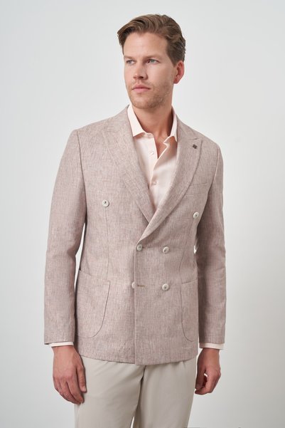 Morven Men's Tile Linen Double Breasted Patterned Slim Fit Pointed Collar Jacket