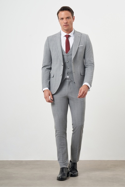 Morven Erkek Gri Poliviskon Trend Yelekli Ekoseli Slim Fit  Sivri Yaka Takım ...