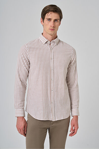 Morven Erkek Vizon Slim Fit Düğmeli Yaka Gömlek