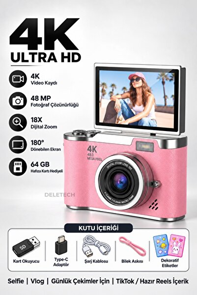 4K Dijital Fotoğraf Makinesi 48MP | 180° Flip Ekran | 18X Dijital Zoom | Dahili Flaş | 64GB Hafıza Kartı Hediyeli | Türkçe Menü - PEMBE