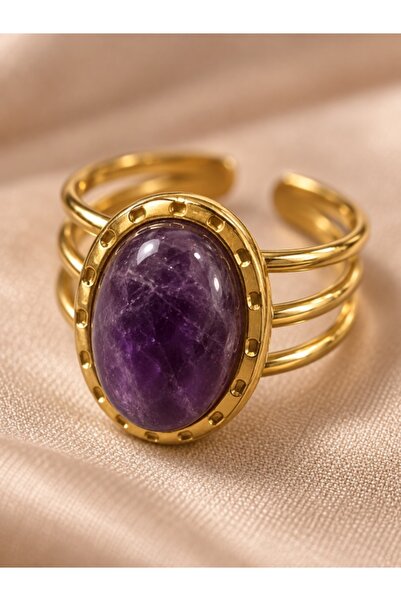 Beatis Purple Stone Oval Ring Gold Color Adjustable Women's Ring