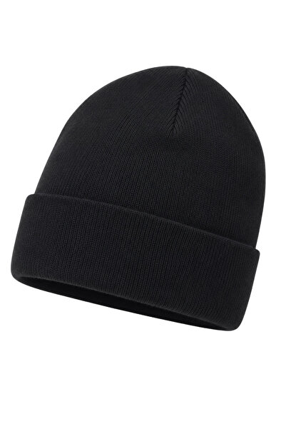 COTTONLAB Unisex Siyah Katlamalı Yumuşak Düz Bere