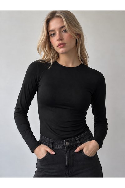 POLYMOOD Women's Black 95% Cotton Crew Neck Sweat-Absorbent Breathable Long S...