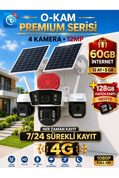 O-KAM OK335B Premium Serisi 12MP 4 Kameralı 4G Çift Solar Panel Gece Görüş 60...