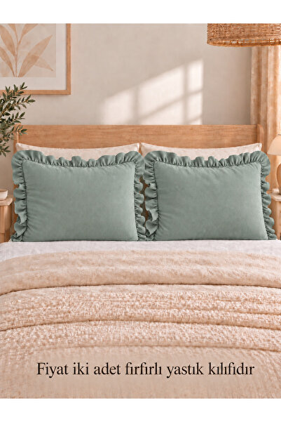 Decamor home İnci Vintage 2 Pieces Sage Green Ruffled Pillowcase