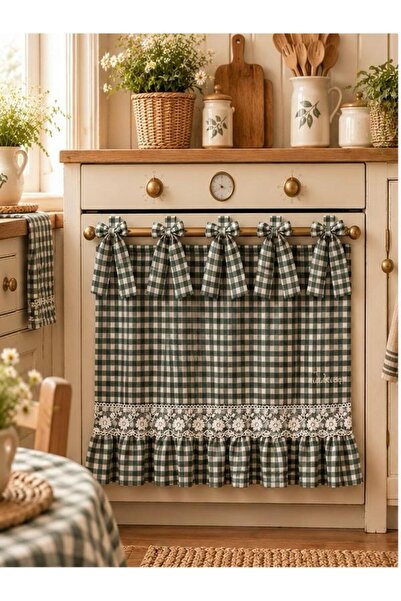 SP CONCEPT Yeşil Ekose My Kitchen Nakışlı Bağcıklı Fırın Perdesi