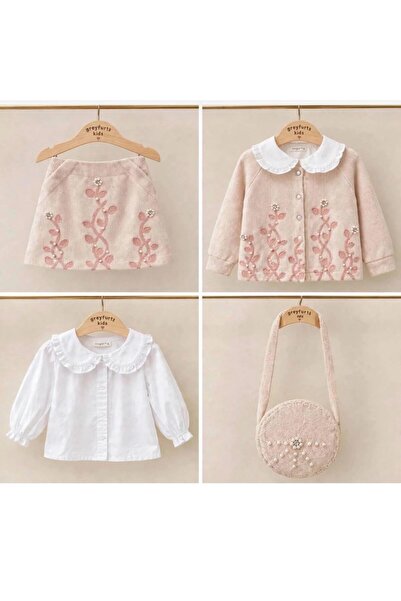 GREYFURTKİDS Girl's 4-Piece Set with Floral Embroidery and Pearl Detailing Shirt