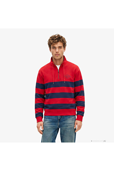 Tommy Hilfiger Nautical Block Stripe 1/4 Zip Erkek Kırmızı Sweatshirt