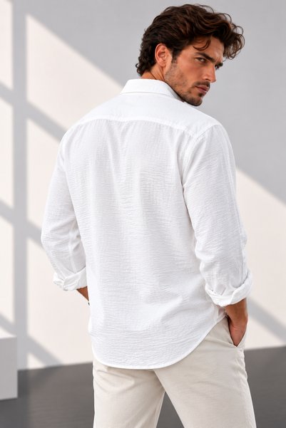 beuivo Men's White Oversize Textured Aerobin Linen Look Shirt