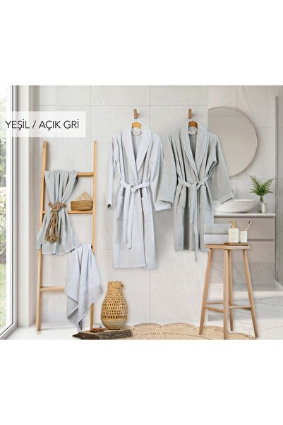 İyi Geceler İstanbul Soft Linen Family Bathrobe Set Green-Light Gray
