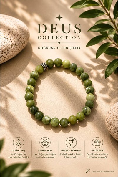 Deus Collection Yeşim Doğal Taş Bileklik 8 mm Unisex Elastik Bileklik Kadın E...