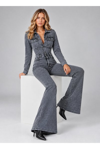 SHEVEGA Kadın Kar Siyah Ceket Formlu Uzun Kollu Esnek Denim Flare İspanyol Paça Tulum