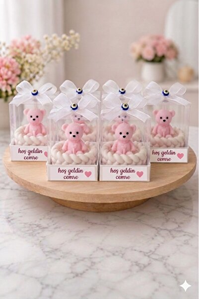 lune va.atelier Ayıcıklı Mum Hediyelik Kokusuz Pembe 20 Adet |Örgü Desen Taşt...