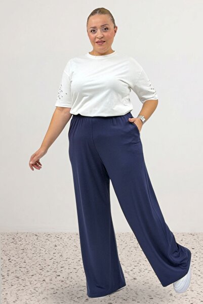 Eslina 39000 Plus Size High Waist Elastic Combed Cotton Trousers - Petrol