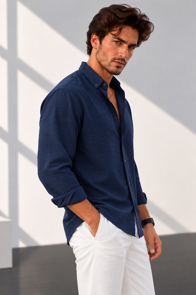 beuivo Men's Navy Blue Oversize Textured Aerobin Linen Look Shirt
