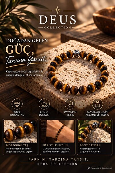 Deus Collection Kaplan Gözü Bileklik 8 mm Doğal Taş Erkek Bileklik Kadın Bile...