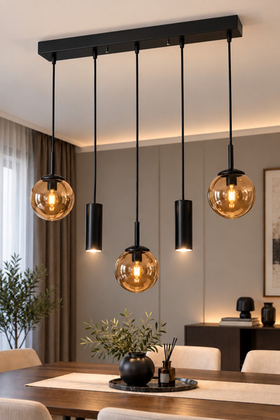 VENON RANA Avize || SIRALI || 5.Lİ AVİZE SİYAH ✨ 2 Spot Led ✨ 3 BAL Glop Caml...