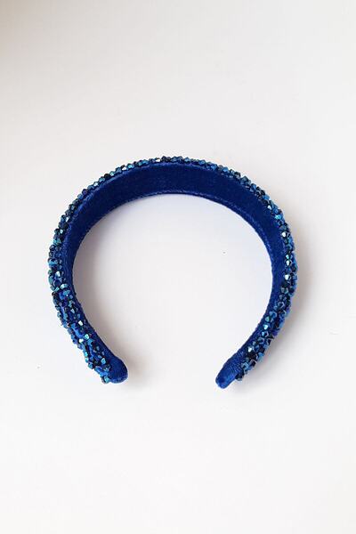 Bijusel Hand Embroidered Cross Crystal Rhinestone Velvet Crown Thin Blue Color