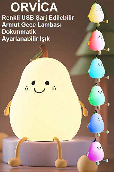 ORVİCA RGB Usb Şarj Edilebilir Armut Gece Lambası, Silikon, Hediyelik Eşya, Ç...