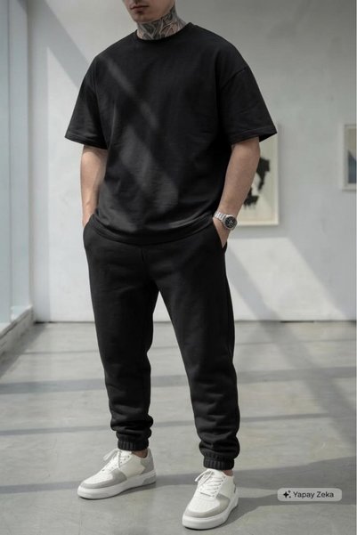 CAST COLLECTİON Tricou negru pentru bărbați Set de trening negru de vară