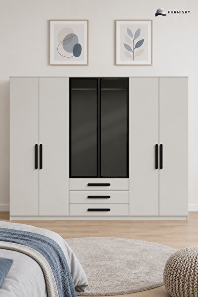 FURNISKY Nur Camlı Gardırop 6 Kapılı Elbise Dolabı Raflı Askılıklı - %100 MDF...