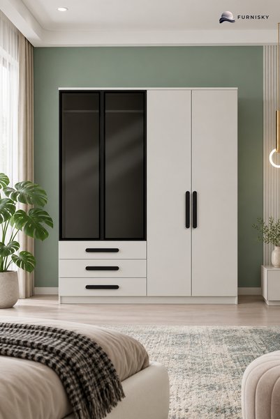 FURNISKY Nur Camlı Gardırop 4 Kapılı Elbise Dolabı Raflı Askılıklı - %100 MDF...