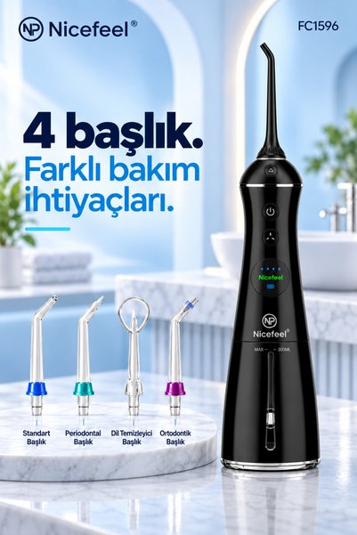 NPO Nicefeel FC1596 Şarjlı Ağız Duşu Taşınabilir Diş Temizleme Cihazı Diş Teli ve Protez Bakımı - Siyah