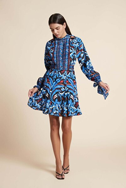 Yola Short Long Sleeve Printed Dress with Round Neck