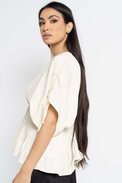 Nichii Short Sleeve Tie-Front Blouse with Pleats