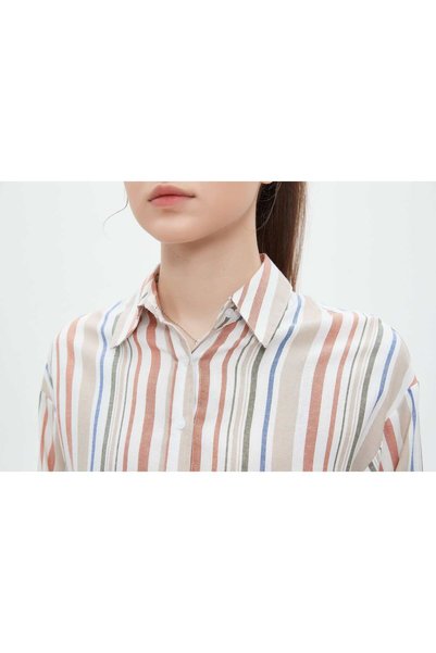 Nichii قميص نسائي مخطط بأكمام طويلة